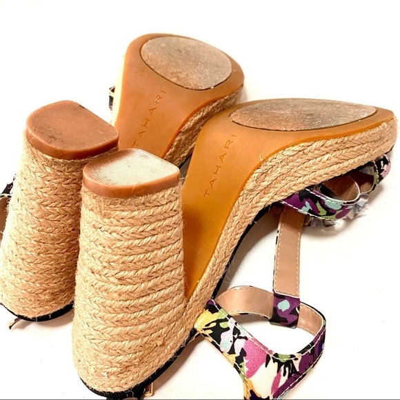 TAHARI Bangle Espadrille Sandals 7.5M Floral Print Jute Spring Summer Festival - Picture 9 of 15